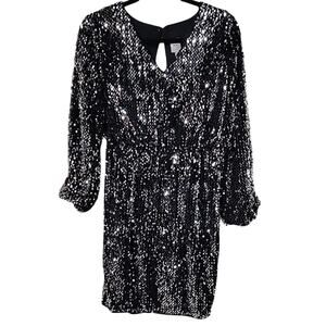 ICHI Wilde Black Silver Sequin Long Sleeve Dress V Neck Open Back Medium NEW